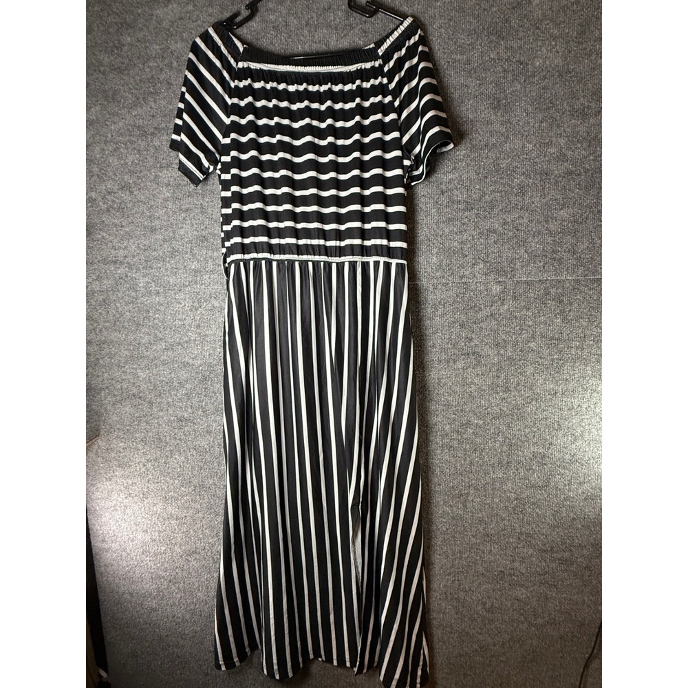 Unbranded Black White Striped Off-Shoulder Maxi Dress XL Short Sleeve Casual - Picture 2 of 5